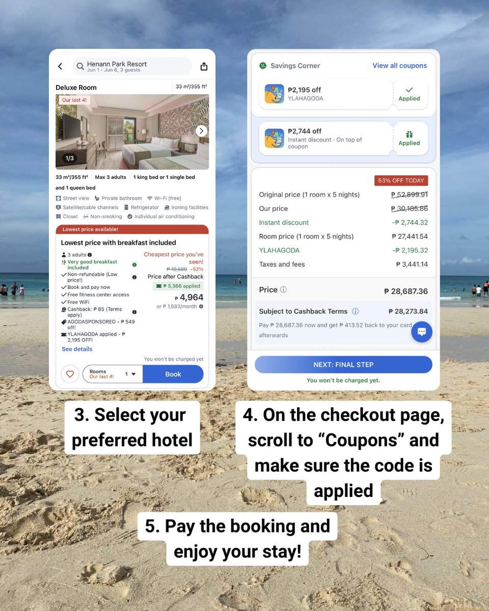 _windranger's tweet photo. Hi guys! Sharing here my Agoda codes since some were having trouble with “invalid” errors, here’s a quick guide on how to claim them.🤗

Another way to claim them is by clicking the links below⬇️
Hotel🔗: https://t.co/9byYRBsMpz
Activity🔗: https://t.co/nSVlQnl6hE https://t.co/7zO5APQImB