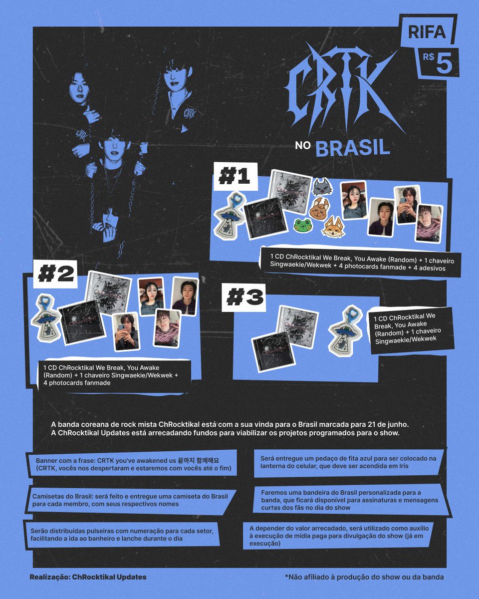 🇧🇷 |  Rifa projetos CRTK no Brasil

Os projetos para o show de ChRocktikal no Brasil foram definidos e enviados para a produtora. Estamos abrindo uma rifa a fim de arrecadar fundos para viabilizar a execução deles! Serão 3 ganhadores aleatórios e os prêmios foram preparados com
