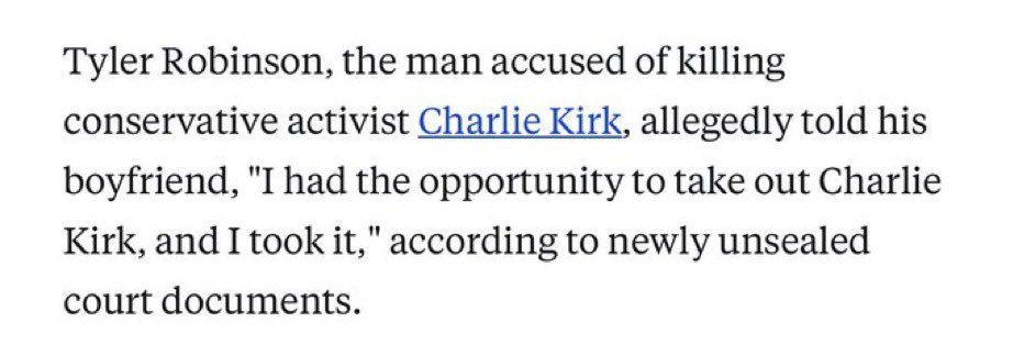 InteNet2026's tweet photo. BREAKING: Court documents reportedly show alleged gunman Tyler Robinson wrote in a letter about an “opportunity to take out Charlie Kirk,” according to ABC News. https://t.co/hUGdlzf6zz