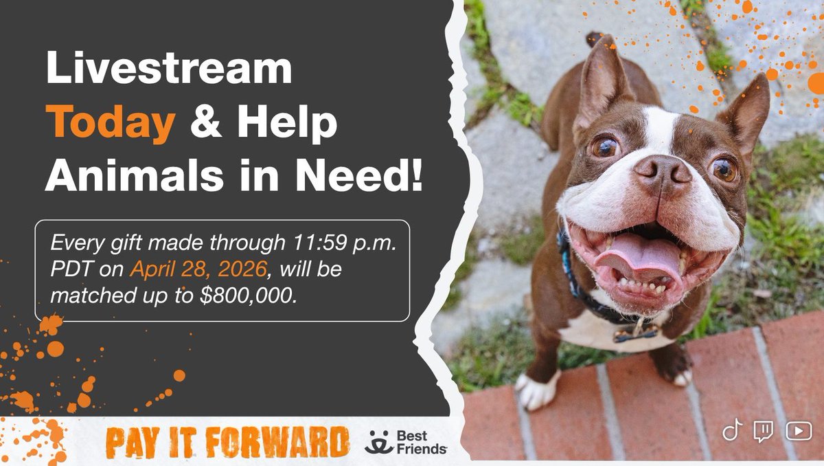 bestfriends's tweet image. (1/2) Streamers, want to make your next live stream do some real good? 

Fundraise for Best Friends Animal Society’s #PayItForward campaign and help shelters across the country save more dogs and cats. 🐾😽