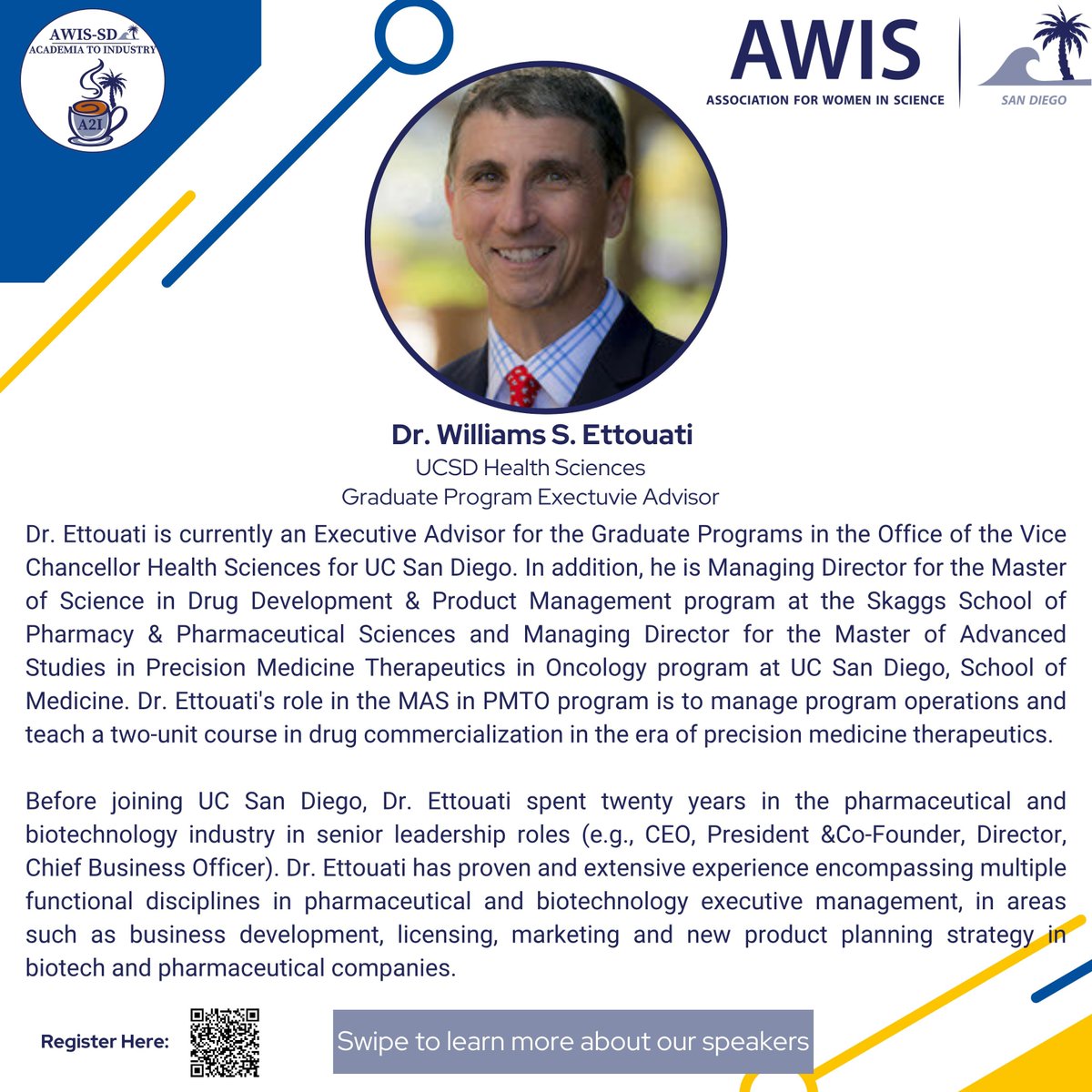 AWISsd's tweet photo. Join us May 7th at 12 pm (PT) for our interactive zoom with speakers, Cynthia Grande, CWDP and Dr. Williams Ettouati, representing UCSD’s new master’s program in precision medicine therapeutics in oncology. 

Register Here: https://t.co/HIkgZj0DRW https://t.co/VErusLskBB