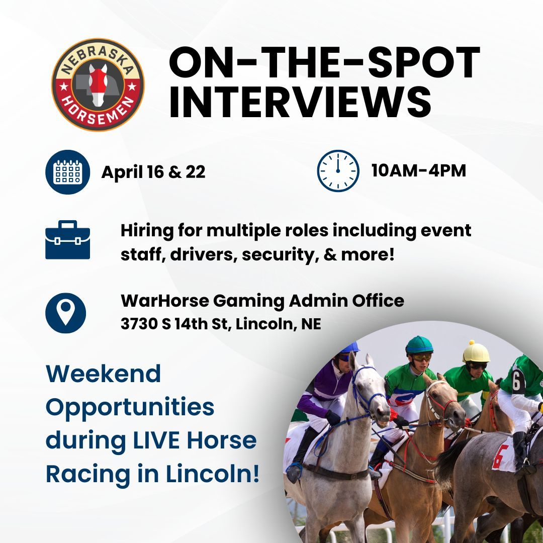WarHorseLincoln's tweet image. Live racing is back in Lincoln and we're hiring!🐎

🏇 Race Days:
May 16-17 | May 23-25 | May 30-31
June 6-7 | June 13-14

💲 $17/hr + $100 bonus

👉 Apply first using this link: indeed.com/viewjob?jk=737… 

#HorsemenNebraska #NowHiring #SummerJob #LiveRacing #HorseRacing #ApplyNow