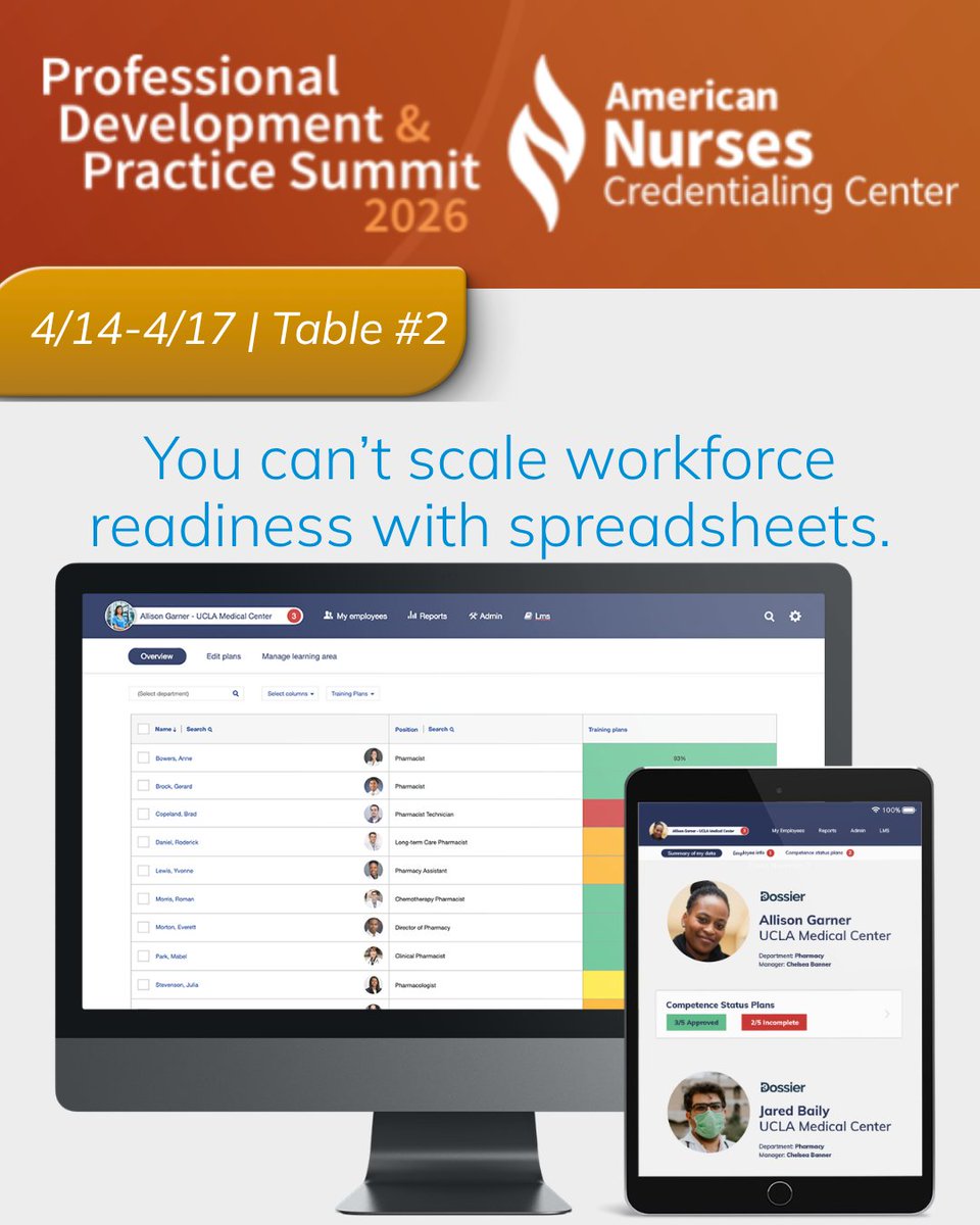 DossierSolution's tweet photo. At the 2026 ANCC Professional Development &amp; Practice Summit, we’re showing organizations the benefits they get when they switch to a digital competency management platform like Dossier.

Stop by Regency Hall and see Dossier in action at table #2. https://t.co/XiNQnnddHA