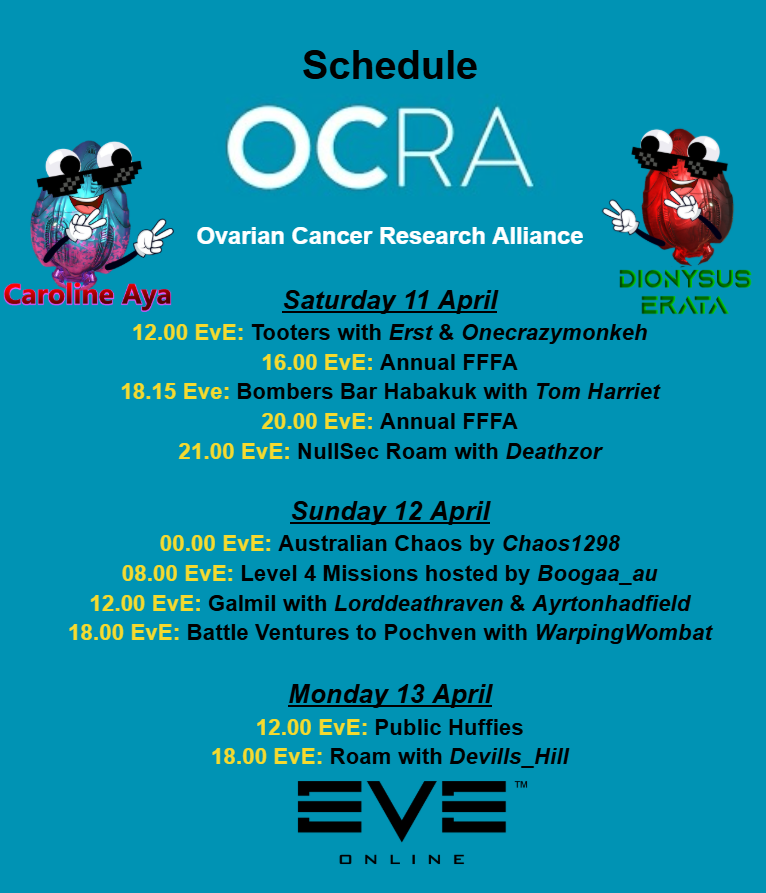 ludacr0us's tweet image. Alright nerds, this one matters 💙

This weekend twitch.tv/CarolineAya is running a charity stream for Ovarian Cancer Research

🗓️ Sat 11th – Mon 13th
🎮 EVE fleets
🎁 Giveaways 

Swing by, donate, lurk, or just cause trouble in chat – it all helps

#EVEOnline #CharityStream