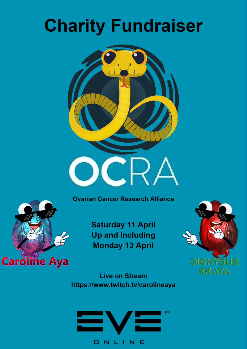 ludacr0us's tweet image. Alright nerds, this one matters 💙

This weekend twitch.tv/CarolineAya is running a charity stream for Ovarian Cancer Research

🗓️ Sat 11th – Mon 13th
🎮 EVE fleets
🎁 Giveaways 

Swing by, donate, lurk, or just cause trouble in chat – it all helps

#EVEOnline #CharityStream