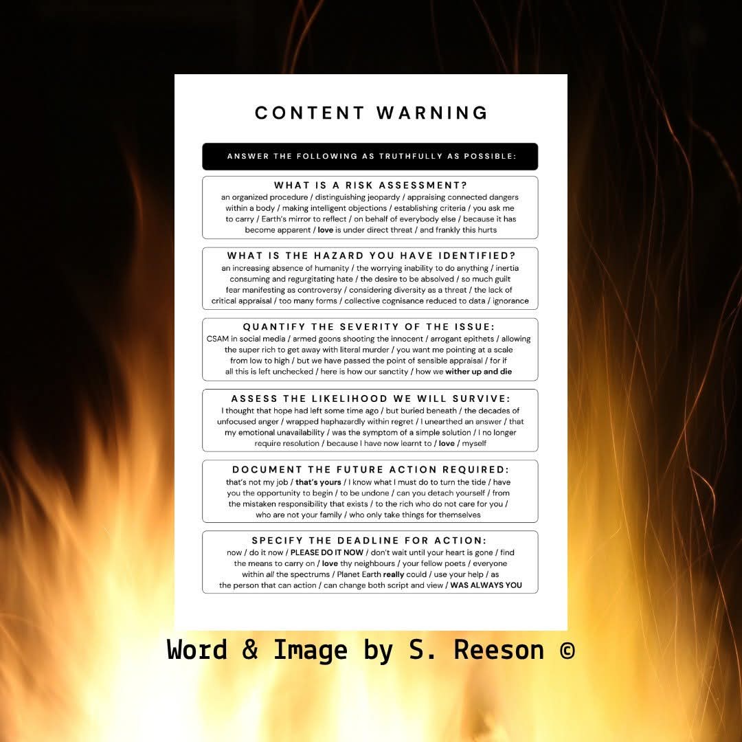 InkSweatTears's tweet image. Today's Word &amp;amp; Image is 'Content Warning' by S. Reeson. The piece considers  risk assessing and reflecting on the major crises of our time and what filling out such a form could bring to light.
 inksweatandtears.co.uk/s-reeson-2/

#WordAndImage #InkSweatAndTears #RiskAssessment