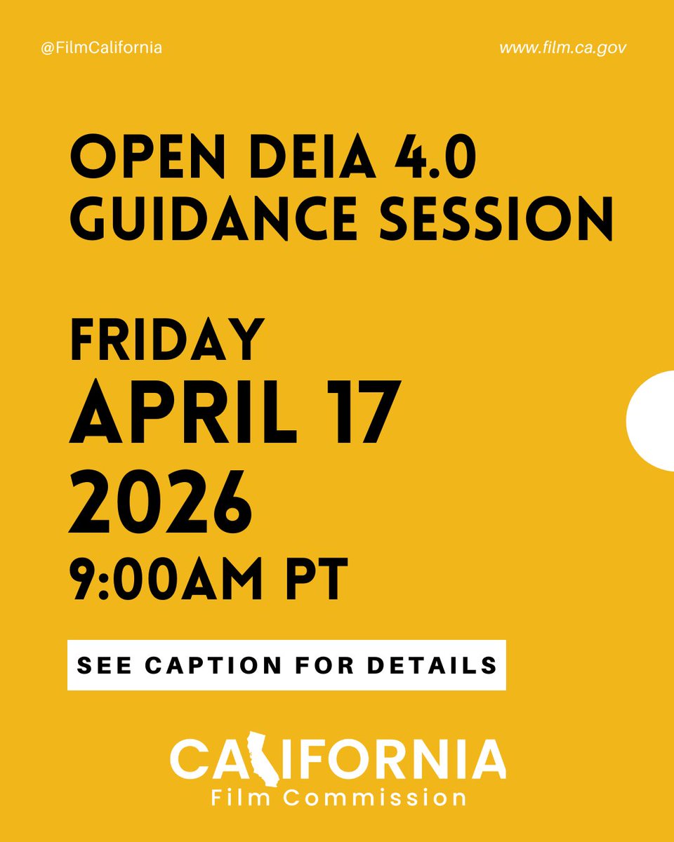 FilmCalifornia's tweet photo. Sign up for our Open DEIA 4.0 Guidance Session on Friday 4/17/2026 at 9:00am to learn more about the new Diversity, Equity, Inclusion, and Accessibility (DEIA) Provisions. Register at the Tax Credit Application calendar on our website at https://t.co/N0ycdrvzXl. #DEIA #FilmCA https://t.co/XFi9Fj2zZg