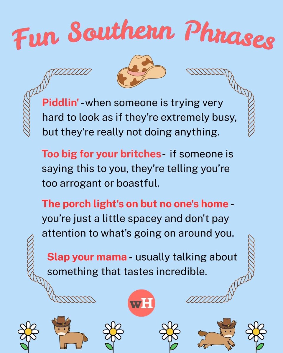 wikiHow's tweet image. Southern slang is more than just an accent; it’s an art form. 🤠 We’re breaking down over 70 colorful phrases so you’ll know exactly what it means when someone says "bless your heart." Full article here: wikihow.com/Southern-Slang
 
#SouthernSlang #Yall #wikiHow #BlessYourHeart