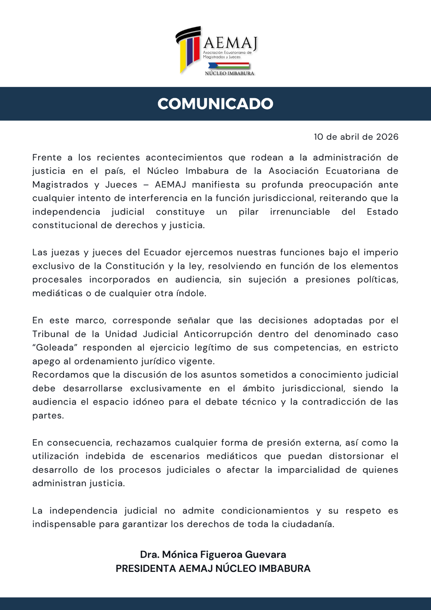 AsoJuecesEc's tweet photo. #AEMAJenAcción | El Núcleo #Imbabura de la @AsoJuecesEc reafirma su compromiso con la independencia judicial y respalda las decisiones adoptadas por el Tribunal en el caso “Goleada”, en estricto apego a la Constitución y la ley.  La independencia judicial es una garantía de la ciudadanía.