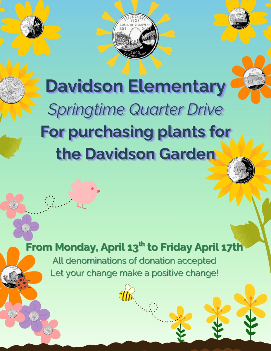 DavidsonComets's tweet photo. Hello Families, we wanted to inform you of the upcoming Quarter Drive running next week for the benefit of filling our new garden for gardening club. It will run from Monday April 13th to Friday April 17th. https://t.co/YlDyisVfBH