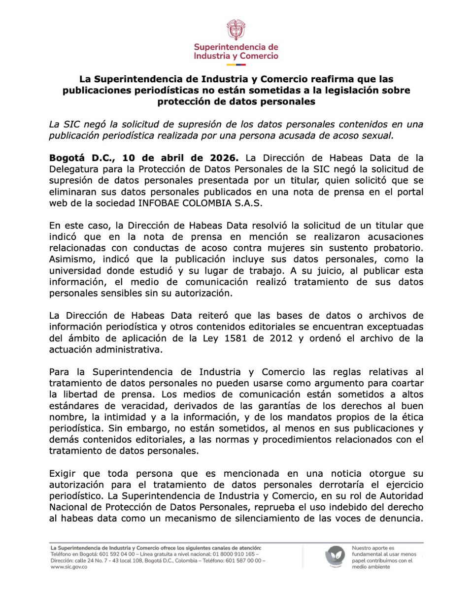 sicsuper's tweet photo. #Atención 🚨#LaSICDelCambio reitera que las publicaciones periodísticas no están sujetas a la Ley de Protección de Datos. Negó la supresión de datos en una nota de prensa y advirtió que el habeas data no puede usarse para limitar la libertad de expresión y de prensa https://t.co/ZuYaR2MCXm