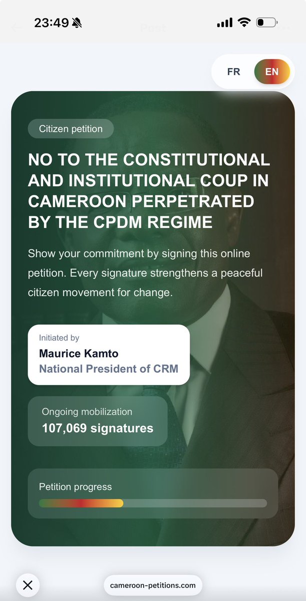On a pas vu une telle agitation pour défendre la constitution que Biya et ses vampires sont entrain de torpiller bien au contraire 😂😂😂😂 
Merci à notre Fan club du côté obscurs de la force, les votes montent en flèche🔥😘

cameroon-petitions.com