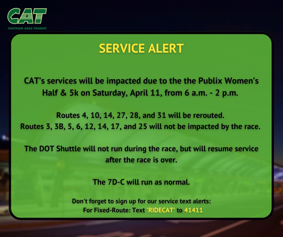 ChathamTransit's tweet photo. CAT's services will be impacted on Saturday, April 11, from 6 a.m. to 2 p.m. due to the Publix Women's Half &amp; 5k race. See impacts below. https://t.co/aR3mbj5ptr