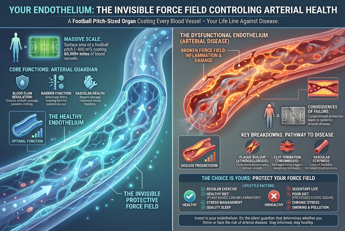 MetabolicUncle's tweet image. THE SITTING PROBLEM

Your femoral artery is narrowing right now. Not because your heart stopped working. Because you sat down.

The blood vessel itself changed. The cells lining your artery stopped making the molecule that keeps it open. Blood moves slower through a smaller pipe.