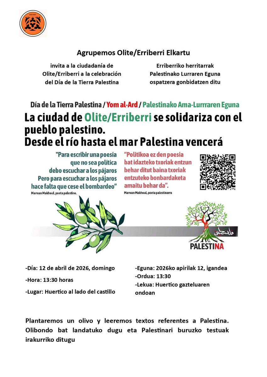 Acto en colaboración con Yala Nafarroa 🇵🇸 contra el genocidio perpetrado por Israel contra Palestina, bombardeando hospitales y escuelas, la política colonialista de ocupación y robo de tierras y casas, la ley que va a permitir ahorcar a palestinos.

¡No al genocidio! 🫒