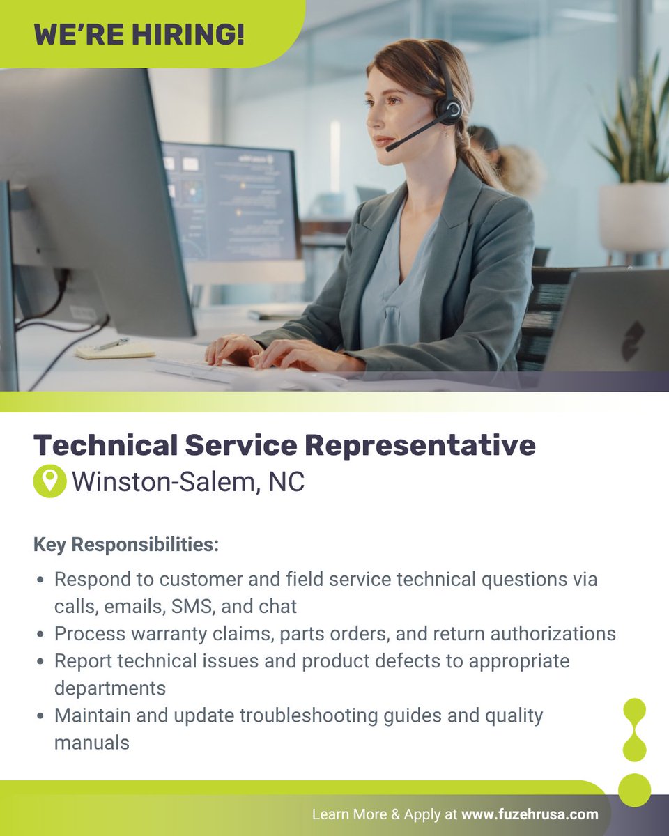 FuzehrUSA's tweet image. Fuze HR is recruiting! Technical Service Representative – Winston-Salem, NC

📧 Apply today! Click here to learn more: ow.ly/UTbo50YANto

#TechnicalService #CustomerSupport #FuzeHR #WinstonSalemJobs #NorthCarolina #USA