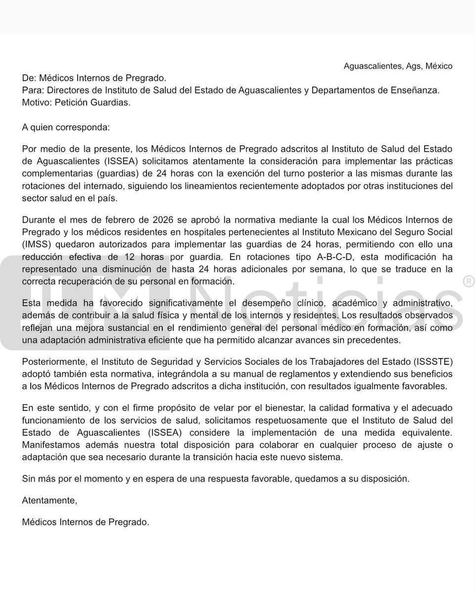 JLMNoticias's tweet image. Denuncia en JLMNoticias:

Médicos internos del Hospital Hidalgo (ISSEA) exigen que se aplique la reforma de guardias de 24 horas + descanso que ya opera en IMSS e ISSSTE.

En una carta piden guardias de 24 horas con exención del turno posterior. 

Un interno nos dice: “Ya está