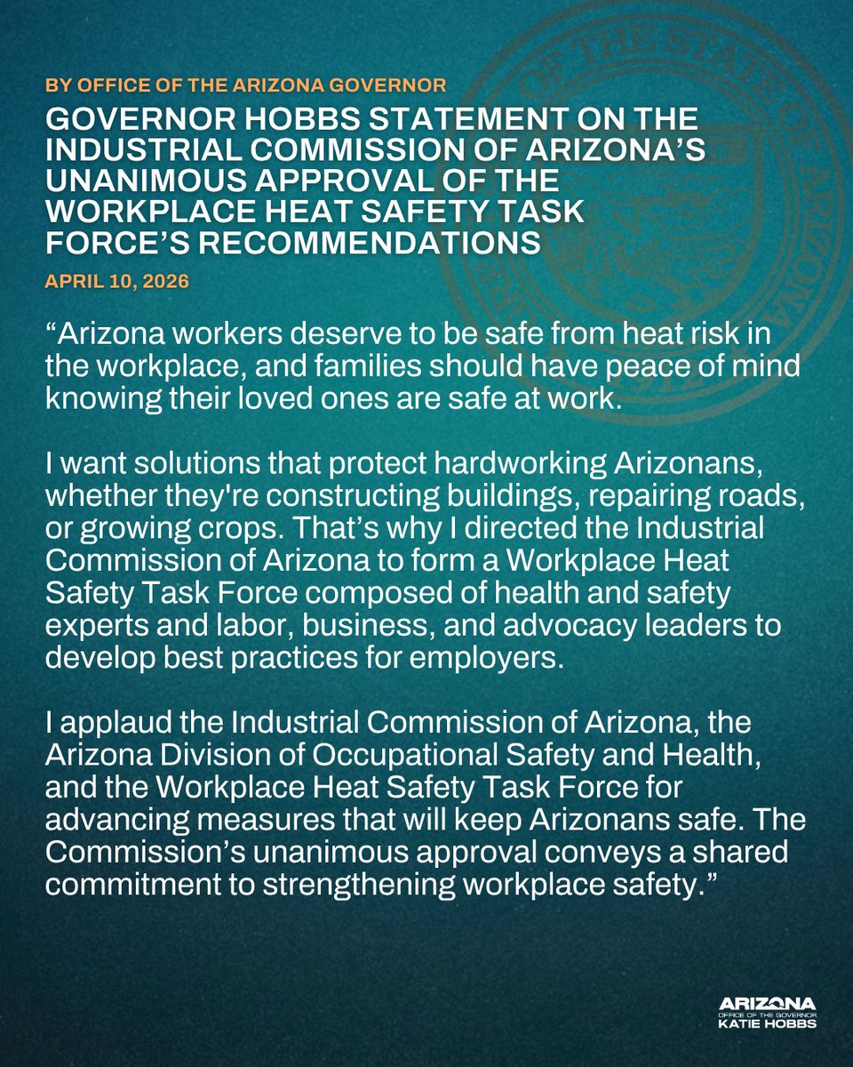 GovernorHobbs's tweet photo. Arizona workers deserve to be safe from heat risk in the workplace, and families should have peace of mind knowing their loved ones are safe at work. https://t.co/7WqkPnt71f