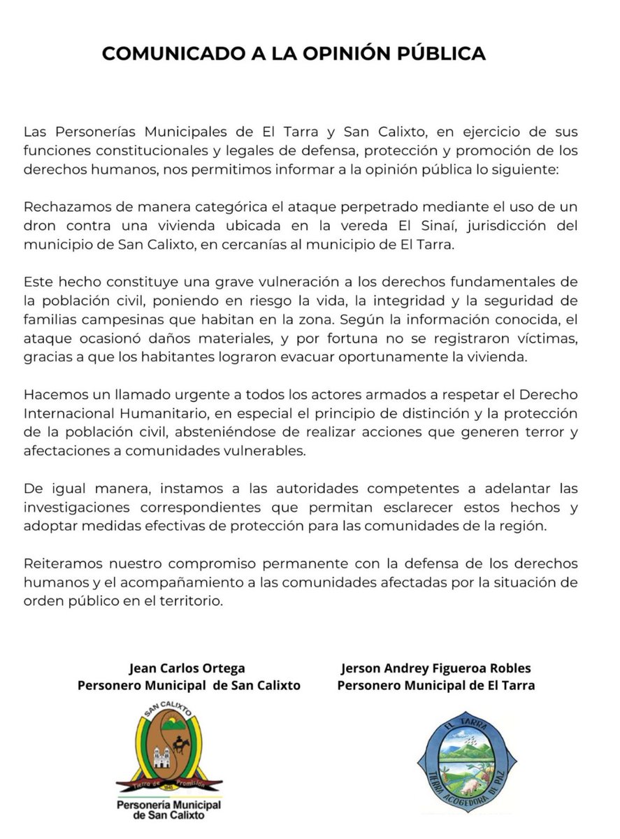 FenalperCo's tweet photo. Desde FENALPER expresamos nuestro respaldo a las personerías de San Calixto y El Tarra frente a los hechos reportados en zona rural. El uso de medios de guerra en entornos habitados por población civil contraviene de manera directa los principios de distinción, proporcionalidad y precaución del DIH.

Hacemos un llamado a todos los actores armados a abstenerse de cualquier acción que comprometa a la población civil y a ajustar su conducta a las normas humanitarias aplicables. A las autoridades competentes —Fiscalía, Ministerio de Defensa, Ministerio del Interior y entidades del Sistema de Alertas Tempranas— les corresponde avanzar con celeridad en el esclarecimiento de lo ocurrido y en la adopción de medidas efectivas de protección.

Las personerías cumplen una función esencial en la garantía de derechos en los territorios. Su labor exige respaldo institucional real y condiciones de seguridad adecuadas. Seguiremos acompañando.