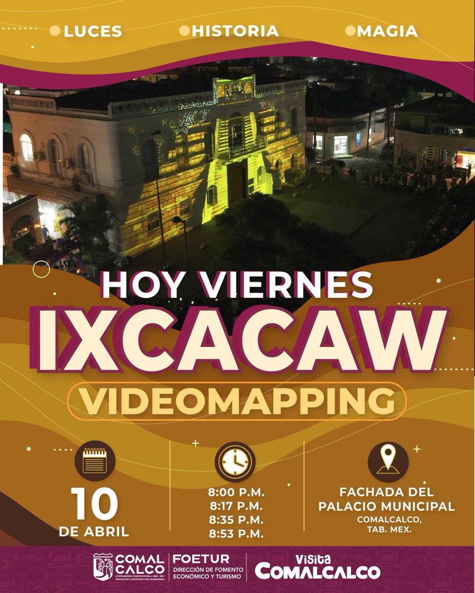 Mar_Escandon's tweet image. 🔴⚪️ #Entérate | ✨🏛️ Hoy se vive el videomapping en #Comalcalco

Este viernes 10 de abril disfruta de “Ixca Caw #Videomapping”, un espectáculo de luces, historia y magia proyectado en la fachada del Palacio Municipal de #Comalcalco.

🕗 Funciones: 8:00 p.m. | 8:17 p.m. | 8:35