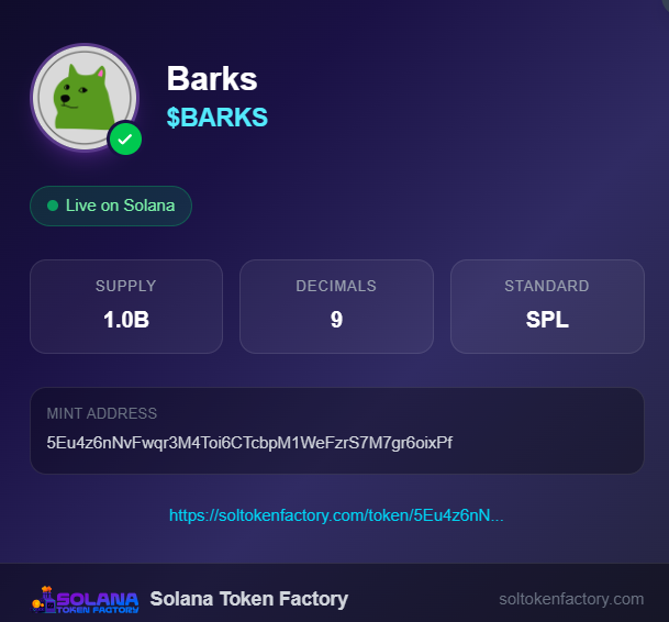 soltokenfactory's tweet photo. 🚀 New token launched on Solana!

📌 $BARKS (Barks)
💰 Supply: 1.0B
🟢 Live on Solana

👉 https://t.co/20izyScCOQ

Create your own SPL token 👇
https://t.co/KlTPbJmleZ

#Solana #BARKS #SPLToken #DeFi https://t.co/ptnglLg9pZ