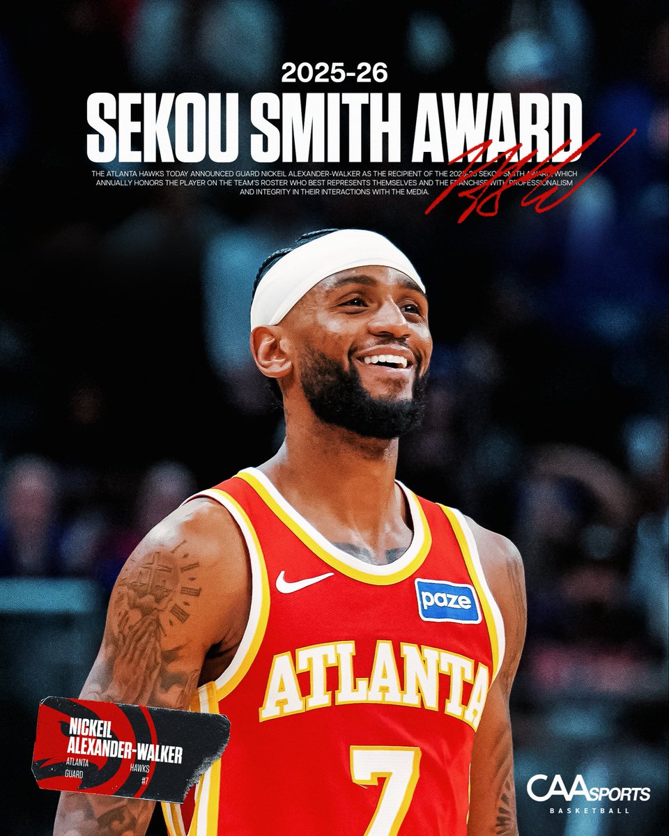 CAA_Basketball's tweet photo. Congratulations @NickeilAW on winning the 2025-2026 Sekou Smith award 

The award annually honors the player who best represents themselves and the franchise with professionalism and integrity with the media https://t.co/Dh5Lqvg0Y0