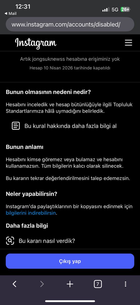 İnstagram hesabımız topluluk ihlali kuralarına uygun bulunmadığı için kalıcı olarak kapanmıştır. 

Yeni hesap açtım. Jongsuknewss3 olarak arayabilirsiniz. Link de bıraktım 😌 instagram.com/jongsuknewss3?…