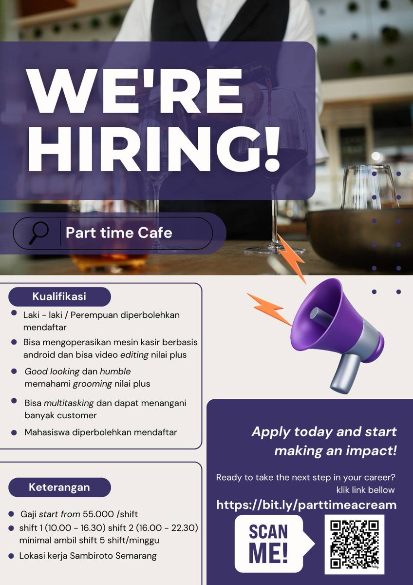 UNDIP_FESS's tweet image. Undip! We Are Growing! Join the A'Cream Team 🍦✨
Cafe Bunggeopang Ice Cream kami sedang mencari individu yang kreatif, gesit, dan bersemangat untuk bergabung sebagai Part-time Cafe Staff

bit.ly/parttimeacream
#LokerSemarang #InfoLokerSemarang #PartTime #LowonganKerjaSemarang
