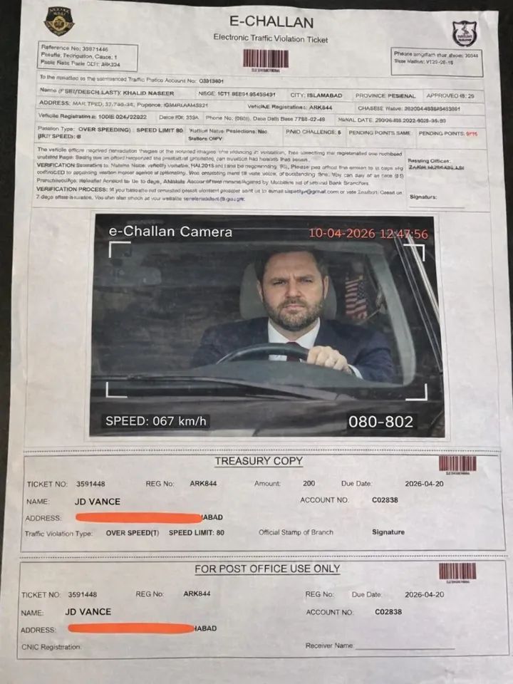 zi8741's tweet photo. JD Vance recieves his first E-challan on his 1st day in Pakistan.
#pakistan #islamabad #usa https://t.co/xH2s36vkV1