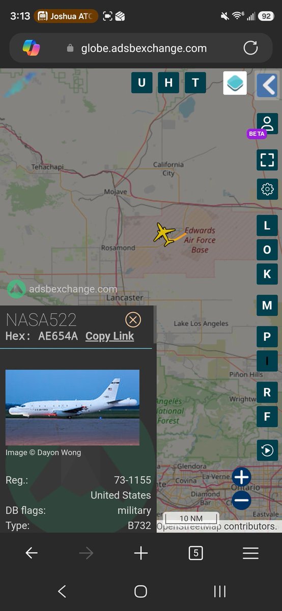 norb420's tweet photo. #AE654A as #NASA522 Up from Edwards AFB KEDW and enroute to support reentry and splash down of Integrity crew aboard the Orion capsule. https://t.co/prGOrqNG3l