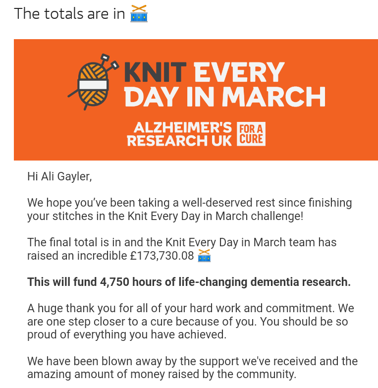 mountainsparrow's tweet photo. To everyone who so generously donated to the KNIT EVERY DAY IN MARCH challenge for Alzheimer's UK a huge thank you,  the collective total the group raised is below .... Thank you so much to my friends for helping me to exceed my personal goal total 👏👏 https://t.co/M9pi6BXTFS