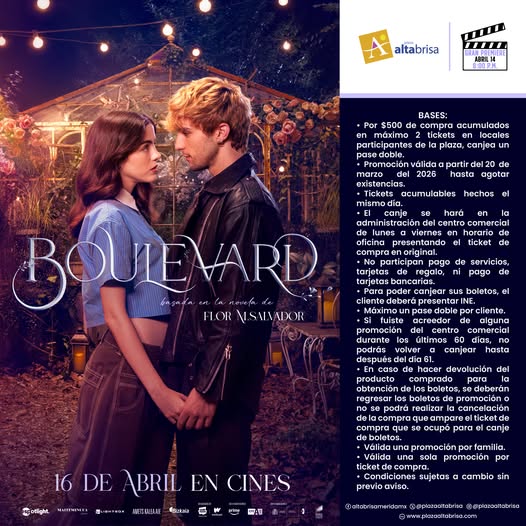 La historia que rompió internet… ahora va a romper tu corazón en el cine. 💔
Realiza tus compras en #PlazaAltabrisaMérida y canjea tus tickets para poder ver la premiere de Boulevard. ¿Estás listo? 🎬

📆Martes 14 de abril | ⏰8:00 PM
Sigue las bases para ganarte un pase doble👇