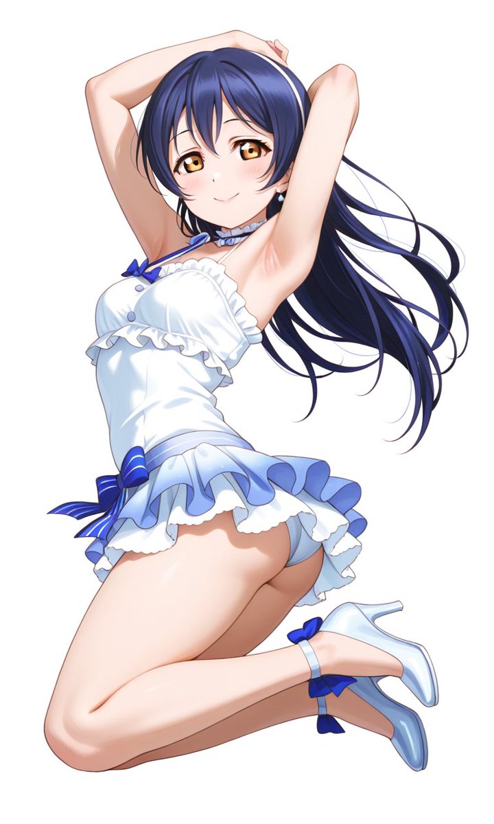 TAKA45085501's tweet photo. #ラブライブ、園田海未ちゃんの新しいイラスト、完成しました♪  
白のミニキャミワンピースにライトブルーのストラップハイヒールで、両腕を上げて笑顔です。  
いつも凛とした海未ちゃんが、こんな開放的なポーズを取ってるのが新鮮で可愛い…！  
ワンピースのシンプルさとハイヒールの色合いを活かして、優雅さと明るさが両立するよう調整しました。  
海未ちゃんの笑顔に癒されますね。  
#園田海未