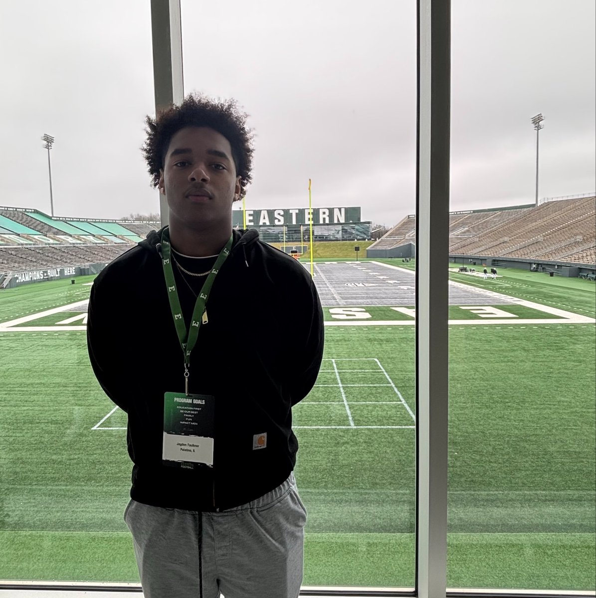 jay_faulkner34's tweet photo. I had a great visit with @EMUFB today. The entire program is really impressive & I really enjoyed being around the Runningbacks room all day. Thank you for your time today @CoachBHumbert & @CoachKirk_EMU I look forward to being back asap.

@Fremd_Football @CoachChris_Roll @CoachBigPete @DeepDishFB @ChiPlayerWatch @PrepRedzoneIL @grid_irons #highschoolfootball #recruit #junior