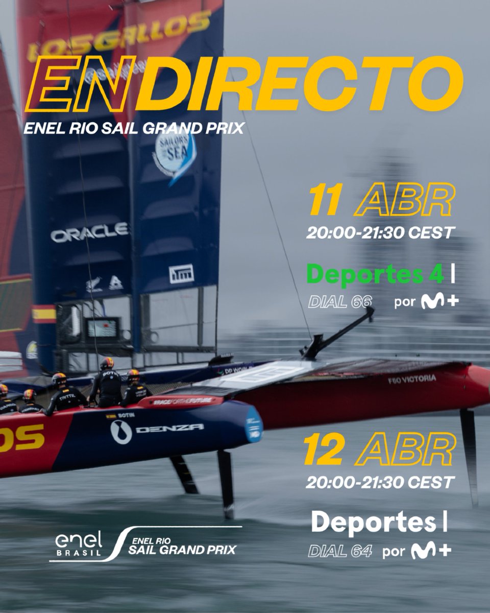 SailGPESP's tweet photo. SALVE!!! 🇧🇷 Síguenos por primera vez en Río!!!
🗓️ 11 de abril
🕒 20:00 CEST (hora peninsular)
👀 Dial 66, Deportes 4 de @movistarplus
🗓️ 12 de abril
🕒 20:00 CEST (hora peninsular)
👀 Dial 64, Deportes de @movistarplus
#RioSGP #SailGP #SailGPESP #VamosGallos https://t.co/LMsCUV14Vi
