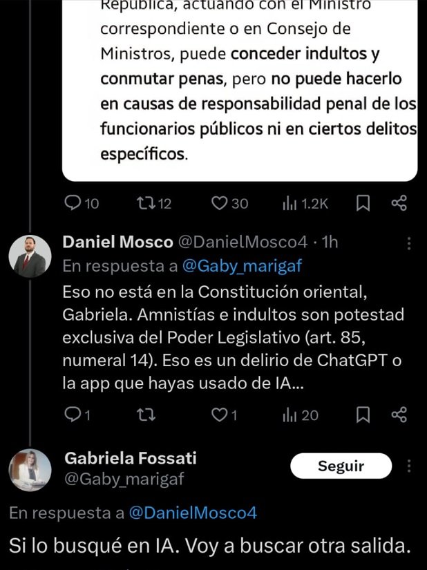 cabezamartini's tweet photo. 🔴 La ex fiscal Gabriela Fossati aseguró erróneamente que Yamandú Orsi podría pedir indulto para Moisés Martínez. Para ello usó IA. Luego corrigió y dijo que el Parlamento podría.

Pedir que el Legislativo revoque un fallo judicial es peligroso y es no respetar la separación e independencia de poderes.