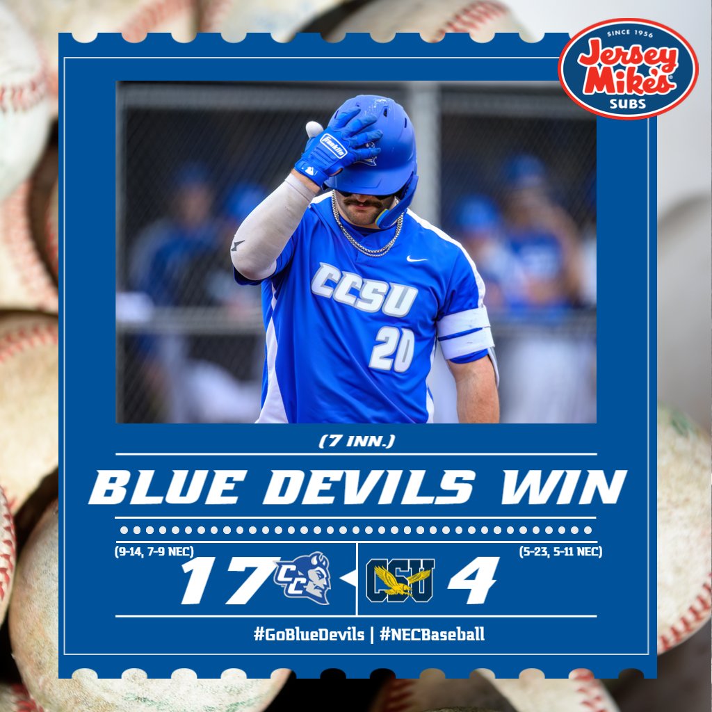 CCSUBlueDevils's tweet photo. ⚾️ RECAP 

@ccsubaseball 17, Coppin St. 4

⚾️ Ferrentino: HR (3), 5 RBIs
⚾️ Merlonghi: HR (3), 2 RBIs
⚾️ Jordan: 3-5, 4 RBIs, 3 runs

📰 🔗 https://t.co/rh0oztOdhX
⏭ at Coppin St., Sat. 1pm

#GoBlueDevils | #NECBaseball https://t.co/BkNUHCfvD4