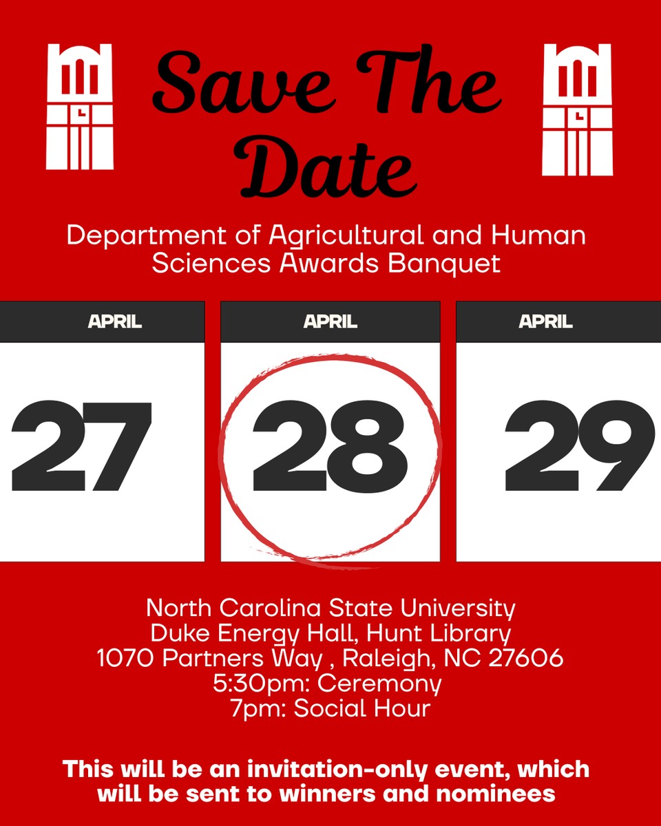 AHSNCState's tweet image. Save the date! 📣🏅🐺

We’re honoring outstanding AHS students, staff &amp;amp; faculty at the AHS Awards Banquet on April 28.

Invitation-only event. #NCState #ThinkAndDo