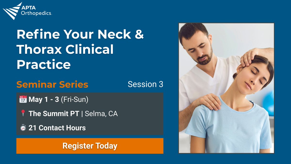 APTAOrthopedics's tweet image. 🚨 Session 3 starts Friday, May 1!

Neck &amp;amp; Thorax Seminar
📍 Selma, CA
📅 May 1–3
🎓 Earn up to 21 CEUs

Register 👉 orthopt.org/content/course…

#APTAOrthopecis #PhysicalTherapy #ContinuingEd