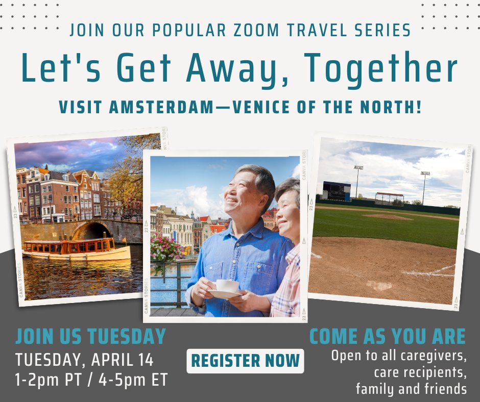 CaregiverAlly's tweet photo. "Let's Get Away Together" from FCA and The Hummingbird Project invites you to step out of your responsibilities with people who understand you. This week, join fellow family caregivers as we travel to Amsterdam, “The Venice of the North!”

Register here: https://t.co/XxcjP1DD6l https://t.co/EEMJUrp3aw
