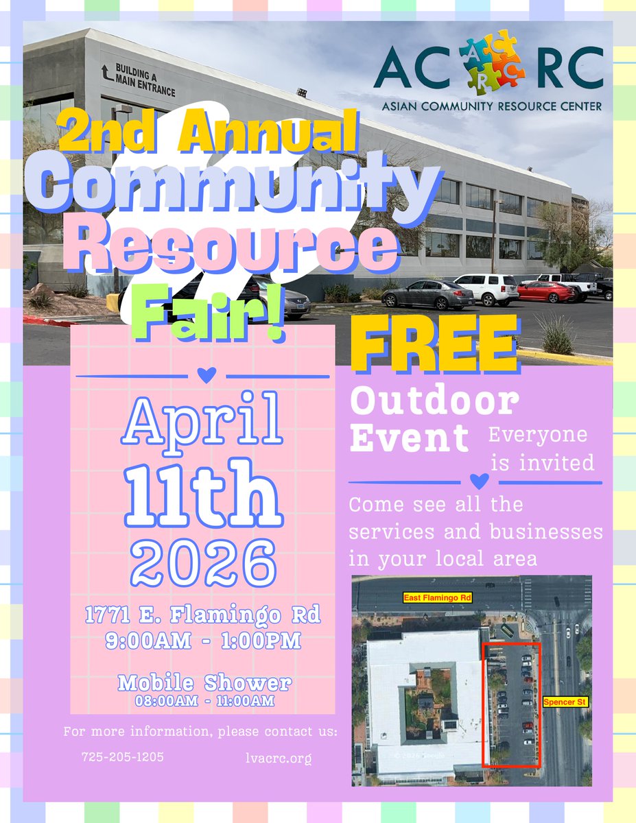 LVACRC's tweet photo. Tomorrow is our 2nd Annual Community Resource Fair from 9AM–1PM!

📍1771 E. Flamingo Rd

Join us for:
✨ 30+ informational vendors &amp; community resources
🚿 Mobile shower unit available 8AM–11AM
🍎 Snacks for guests + info on our community food pantry https://t.co/KoJax82dsx