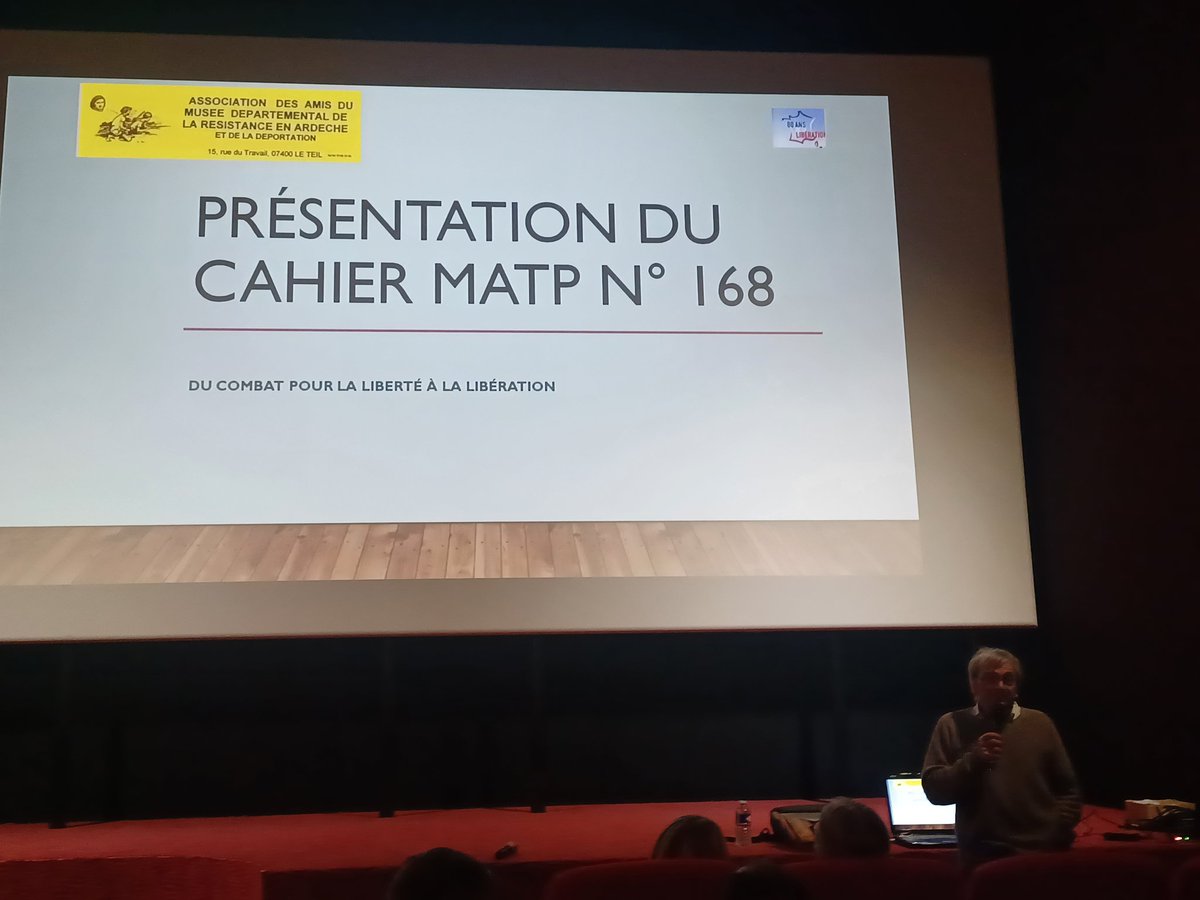 MATP_ARDECHE's tweet photo. Retour sur une soirée mémorable au Teil jeudi 9 avril : la présentation du Cahier168 «Du combat pour la Liberté à la Libération» a rassemblé 60participants autour d’échanges riches et passionnants. Merci à tous les intervenants et partenaires pour leur engagement 🙏 #Mémoire Matp https://t.co/oCn9CcIdqz