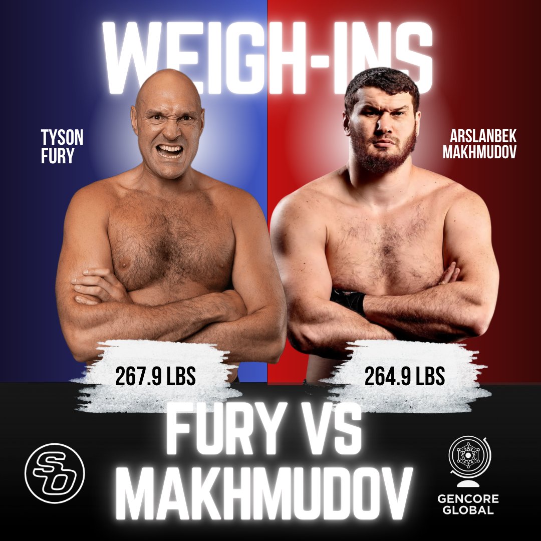 SecondsOutLive's tweet image. ⚖️ TYSON FURY WEIGH-IN OFFICAL!!!

Tyson Fury 267.9 lbs vs Arslanbek Makhmudov 264.9lbs

#Boxing #Boxingnews #fightnight #TysonFury #Fury #Furyfight #FuryMakhmudov