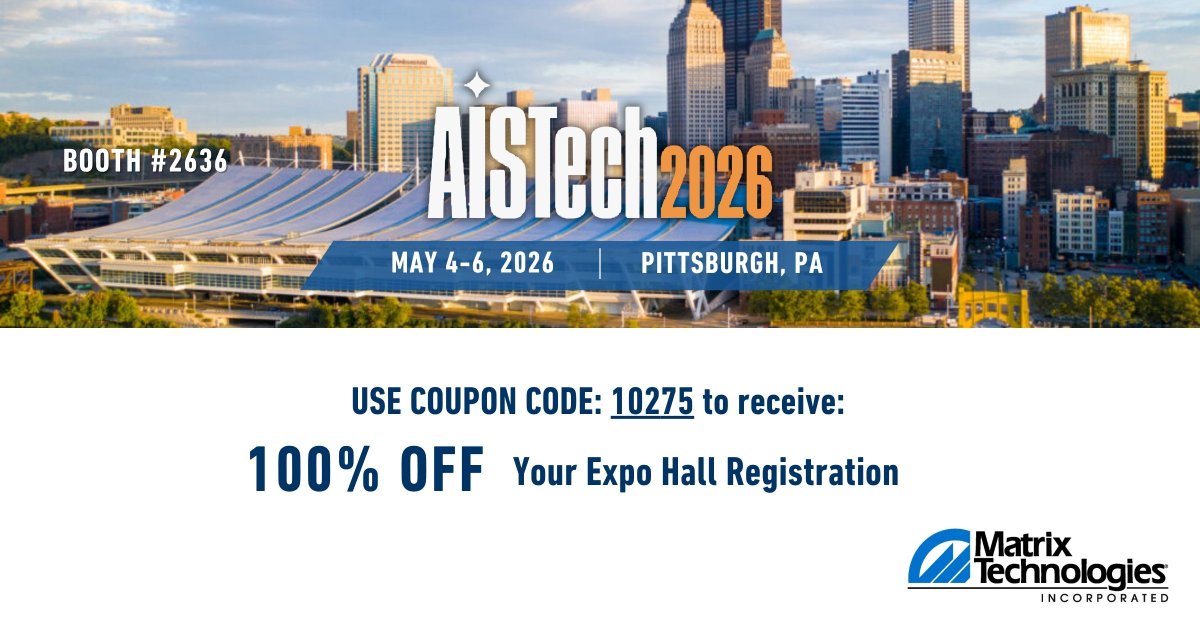 MatrixTechInc's tweet photo. We hope to see you at the AISTech Iron &amp; Steel Expo in May! Use code: 10275 to receive 100% off your expo hall registration 
https://t.co/pHx0oJVYCi

#MatrixTech https://t.co/war3bILMlI