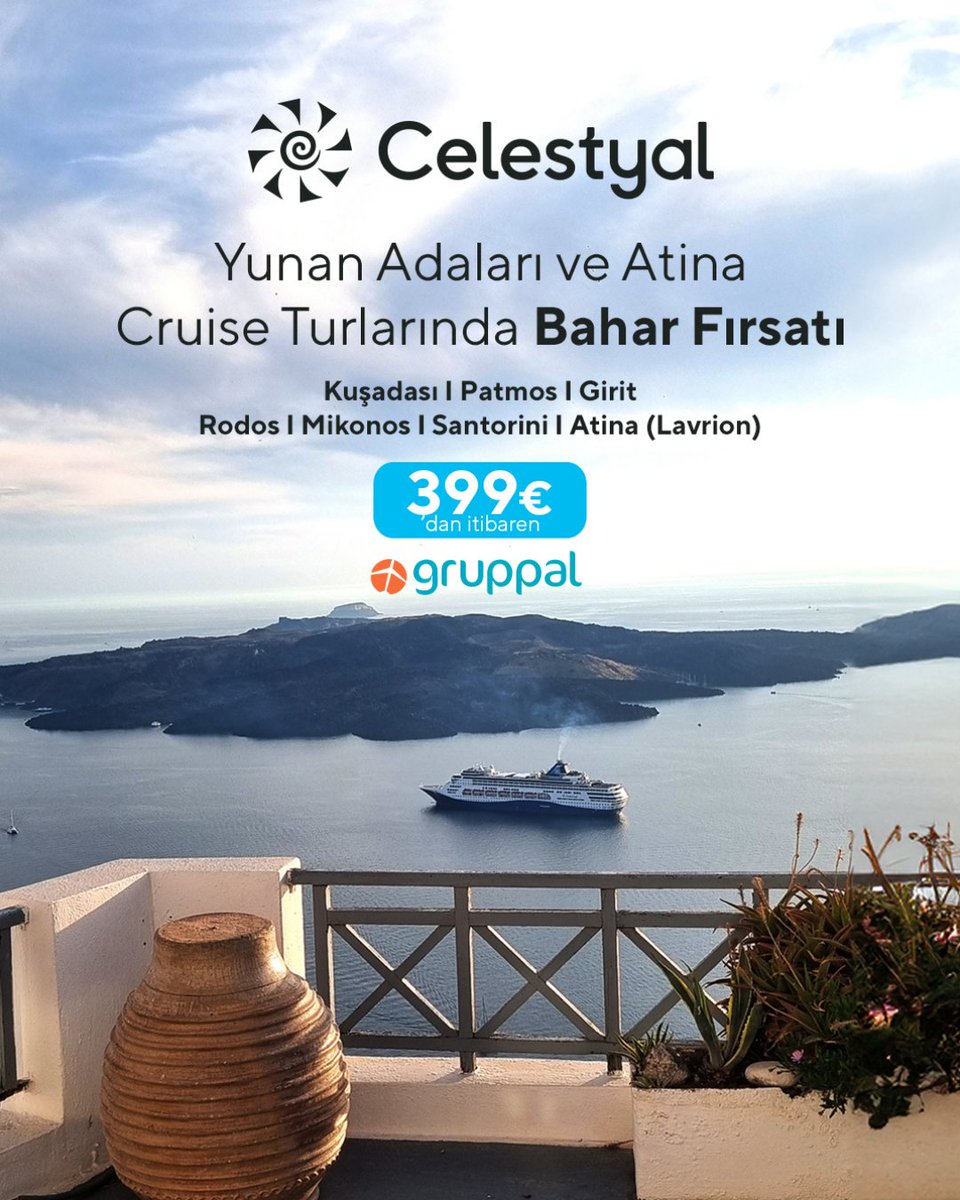 gruppal's tweet photo. Yunan Adaları’nda baharı karşılamaya hazır mısın? 🇬🇷🌸

Celestyal Cruise ve Gruppal iş birliğiyle, Ege’nin en büyüleyici rotalarını denizden keşfedeceğin eşsiz bir deneyim seni bekliyor. ✨
Beyaz evler, turkuaz koylar, gün batımında uzayan sokaklar… Hepsi tek bir yolculukta, üstelik konfor ve planlama derdi olmadan.
Sen sadece manzaranın tadını çıkar, yeni adalar keşfet ve anın keyfini yaşa. 🚢💙

Hayalini kurduğun o Yunan Adaları kaçamağı artık çok daha kolay!

👉 Detayları incelemek ve yerini ayırtmak için hemen https://t.co/682pxRRwWp’u ziyaret et!

#gruppal #celestyalcruise #yunanadaları #ege #cruise #seyahat