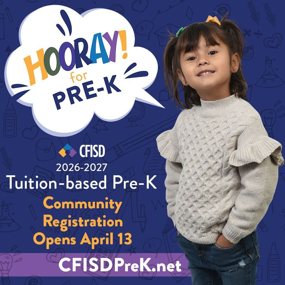 CFISDHeatherK's tweet photo. Big news little learners! Registration for Tuition-based Pre-K in @CyFairISD opens this Monday, April 13!!
Plus, check out @CFISDCOMMPROG Club Rewind Sprouts for Before & After-care made just for Pre-K students. @CFISDDOGA #cfisd #choosethepathtoamazing https://t.co/NdP9yHQfyx