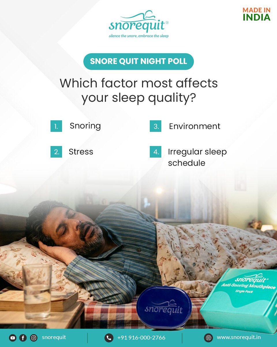 SnoreQuit's tweet image. Snore Quit Night Poll
Which factor most affects your sleep quality?
• Snoring
• Stress
• Environment
• Irregular sleep schedule

Comment down your answer

🛒 Buy now: snorequit.in/product/anti-s…

📞 Call us: +91 916-000-2766

#SleepAwareness #SleepHealth #SnoreQuit 😴