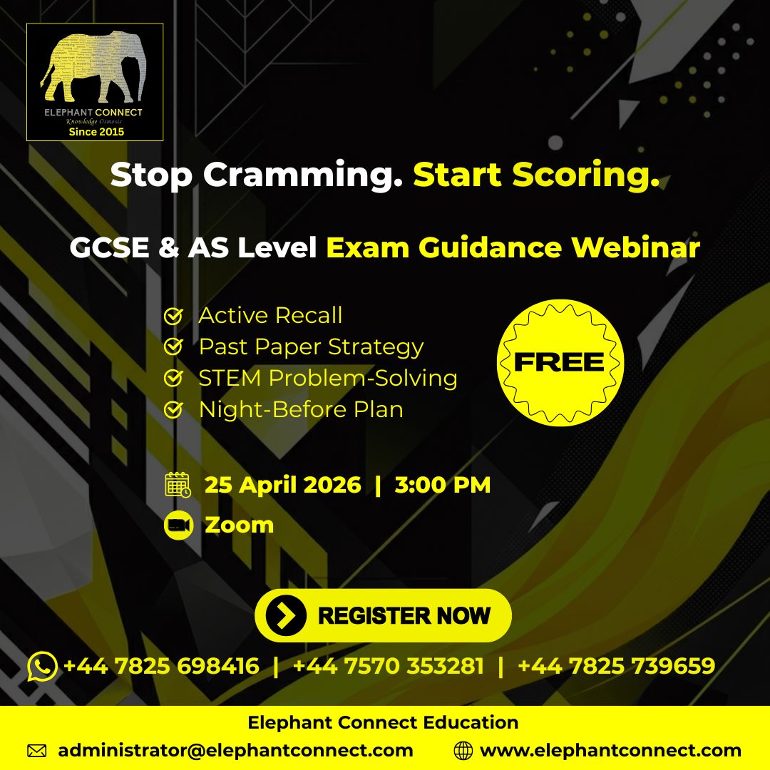 ElephantConnect's tweet image. Struggling with revision? Our power-packed webinar is designed to help you study smarter, not harder.

25th April 2026
3:00 PM
Zoom (Online)

Register Now: forms.gle/gqykyN1DE2rrHk…
WhatsApp/Call:
+44 7825 739659

elephantconnect.com
#GCSE #ASLevel #Edexcel #AQA #OCR #UKExams