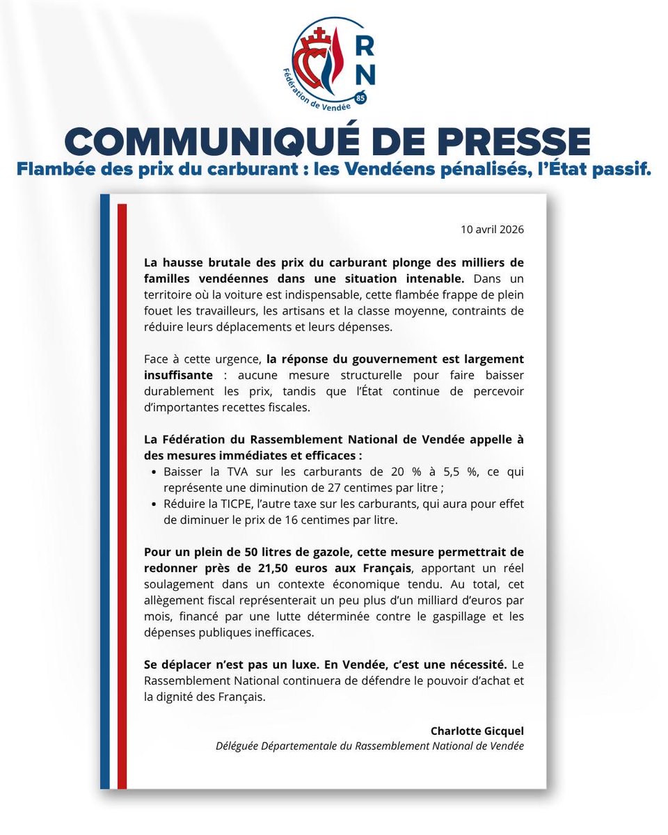 RN_Off85's tweet photo. 🔴 Flambée des prix du carburant : les Vendéens pénalisés, l’État passif 

➡️ Retrouvez notre communiqué de presse https://t.co/SkjyxOSymM