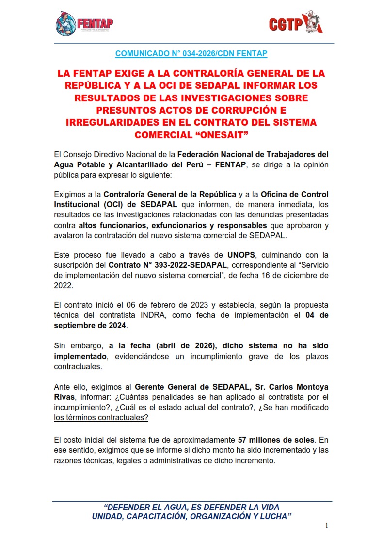 FENTAP4's tweet image. LA FENTAP EXIGE A LA CONTRALORÍA GENERAL DE LA REPÚBLICA Y A LA OCI DE SEDAPAL INFORMAR LOS RESULTADOS DE LAS INVESTIGACIONES SOBRE PRESUNTOS ACTOS DE CORRUPCIÓN E IRREGULARIDADES EN EL CONTRATO DEL SISTEMA COMERCIAL “ONESAIT”

#peru #corrupcionperú  #limaperú @SedapalOficial